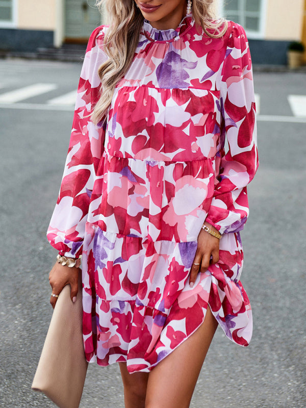 Floral Dresses- Elegant Women's Floral Tiered Dress with Long Lantern Sleeve- - Pekosa Women Clothing