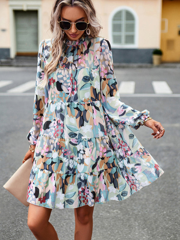 Floral Dresses- Elegant Women's Floral Tiered Dress with Long Lantern Sleeve- - Pekosa Women Clothing