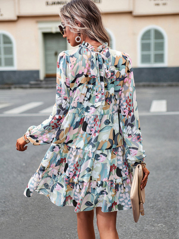 Floral Dresses- Elegant Women's Floral Tiered Dress with Long Lantern Sleeve- - Pekosa Women Clothing