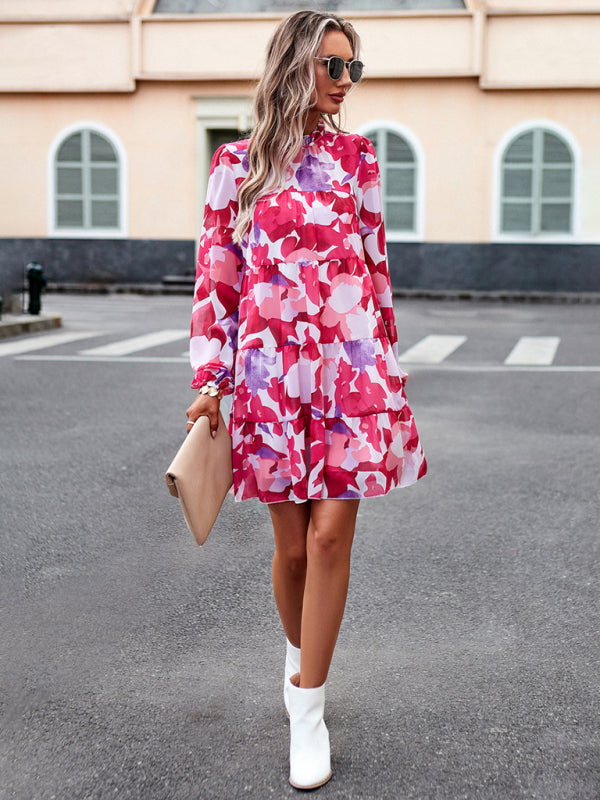 Floral Dresses- Elegant Women's Floral Tiered Dress with Long Lantern Sleeve- - Pekosa Women Clothing