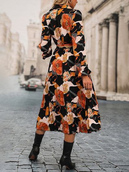 Floral Dresses-Floral A-Line Midi Shirt Dress with Long Sleeves & Belt-Tie-Pekosa Women Clothing