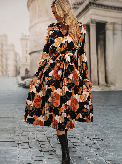 Floral Dresses-Floral A-Line Midi Shirt Dress with Long Sleeves & Belt-Tie-Pekosa Women Clothing