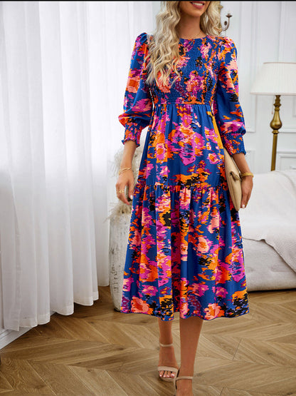 Floral Dresses- Floral A-Line Smocked Bodice Midi Dress with Flowing Tiered Skirt- Chuzko Women Clothing