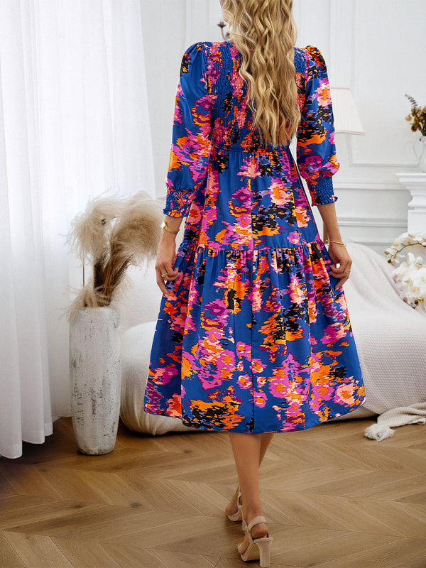 Floral Dresses- Floral A-Line Smocked Bodice Midi Dress with Flowing Tiered Skirt- Chuzko Women Clothing