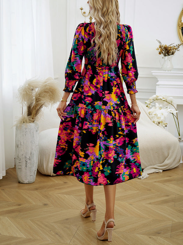 Floral Dresses- Floral A-Line Smocked Bodice Midi Dress with Flowing Tiered Skirt- Chuzko Women Clothing