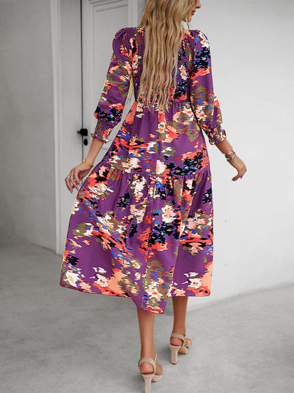 Floral Dresses- Floral A-Line Smocked Bodice Midi Dress with Flowing Tiered Skirt- Chuzko Women Clothing