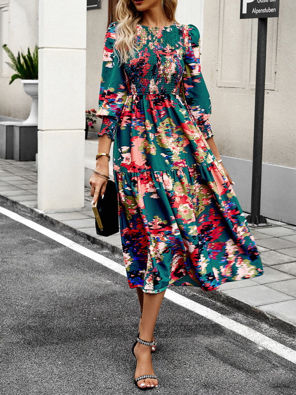 Floral Dresses- Floral A-Line Smocked Bodice Midi Dress with Flowing Tiered Skirt- Chuzko Women Clothing