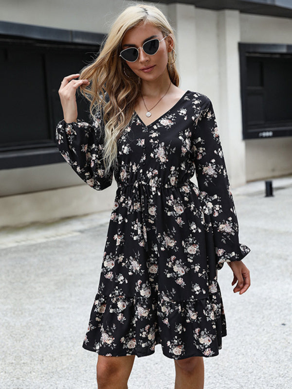 Floral Dresses- Floral Long Sleeve Adjustable Waist Ruffle Dress- - IndioGear Fashion and Gear