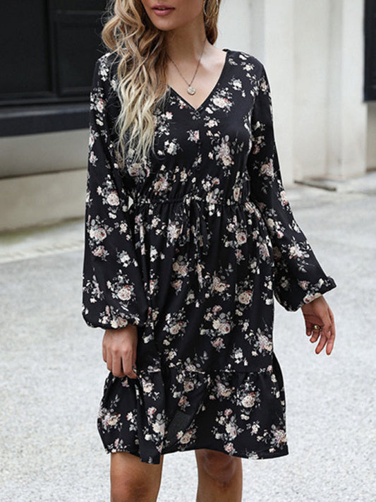 Floral Dresses- Floral Long Sleeve Adjustable Waist Ruffle Dress- Black- IndioGear Fashion and Gear