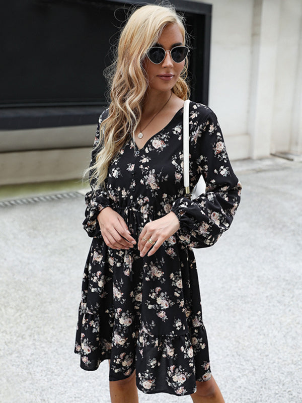 Floral Dresses- Floral Long Sleeve Adjustable Waist Ruffle Dress- - IndioGear Fashion and Gear