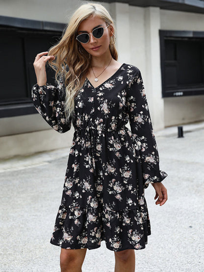 Floral Dresses- Floral Long Sleeve Adjustable Waist Ruffle Dress- - IndioGear Fashion and Gear