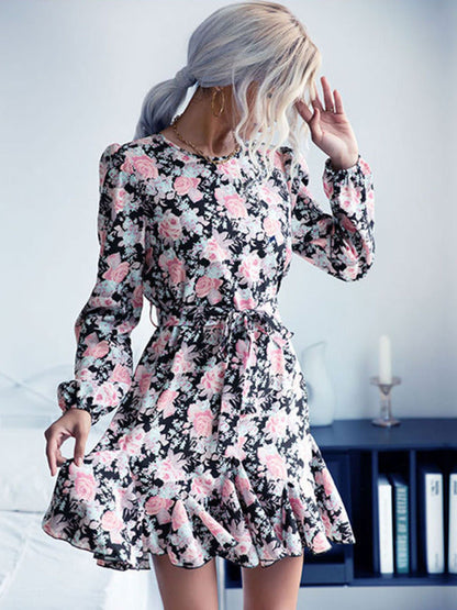 Floral Dresses- Floral Long-Sleeve Belt-Tie Mini Dress- Pink- IndioGear Clothing and Gear