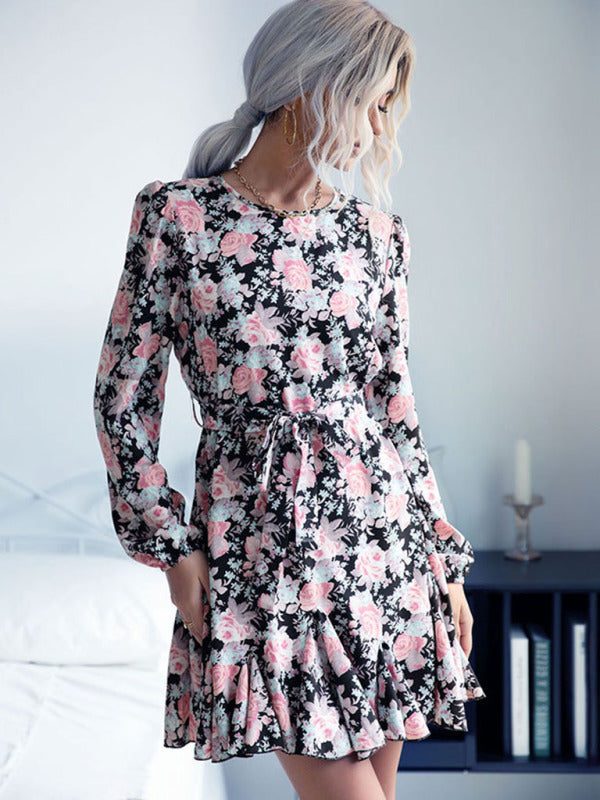 Floral Dresses- Floral Long-Sleeve Belt-Tie Mini Dress- - IndioGear Clothing and Gear