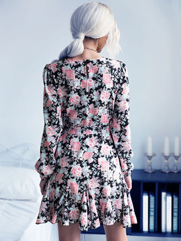 Floral Dresses- Floral Long-Sleeve Belt-Tie Mini Dress- - IndioGear Clothing and Gear