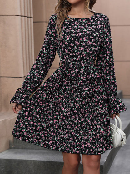 Floral Dresses- Floral Long Sleeve Belted A-Line Dress in Pleated Finish- Chuzko Women Clothing