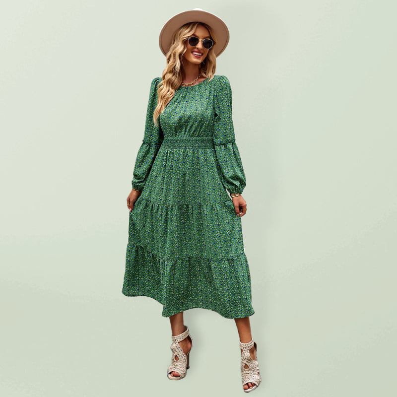 Floral Dresses- Floral Long Sleeve Smocked Waist Long Dress- Green- IndioGear Fashion and Gear