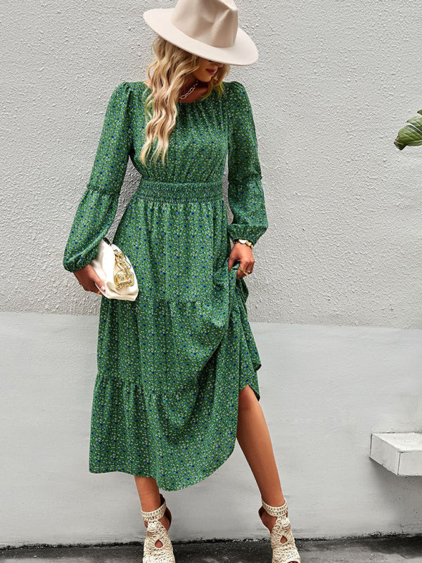 Floral Dresses- Floral Long Sleeve Smocked Waist Long Dress- - IndioGear Fashion and Gear