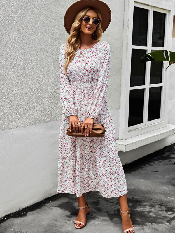 Floral Dresses- Floral Long Sleeve Smocked Waist Long Dress- - IndioGear Fashion and Gear