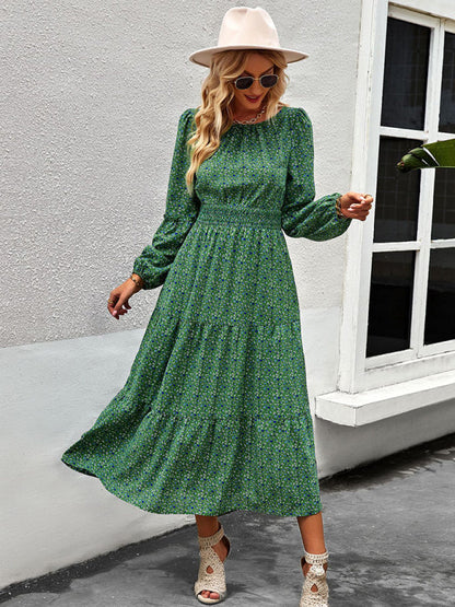 Floral Dresses- Floral Long Sleeve Smocked Waist Long Dress- - IndioGear Fashion and Gear