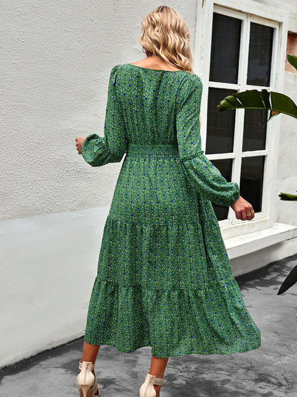 Floral Dresses- Floral Long Sleeve Smocked Waist Long Dress- - IndioGear Fashion and Gear