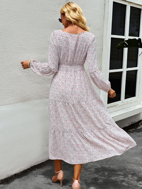 Floral Dresses- Floral Long Sleeve Smocked Waist Long Dress- - IndioGear Fashion and Gear