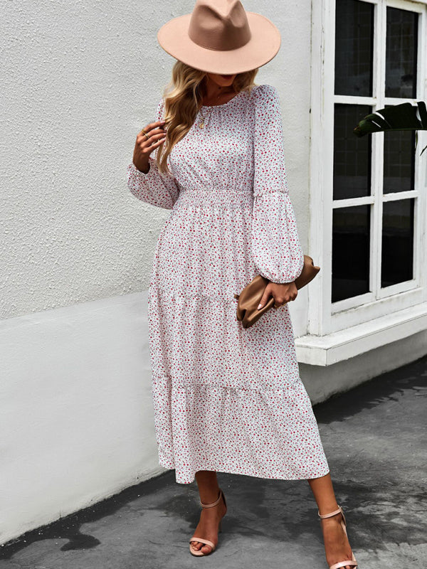 Floral Dresses- Floral Long Sleeve Smocked Waist Long Dress- - IndioGear Fashion and Gear