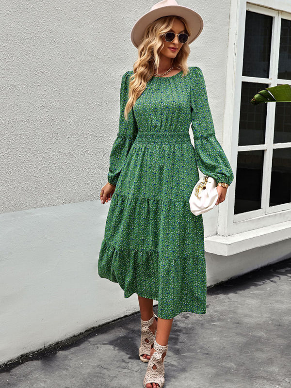 Floral Dresses- Floral Long Sleeve Smocked Waist Long Dress- - IndioGear Fashion and Gear