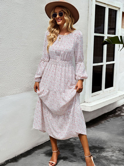 Floral Dresses- Floral Long Sleeve Smocked Waist Long Dress- White- IndioGear Fashion and Gear