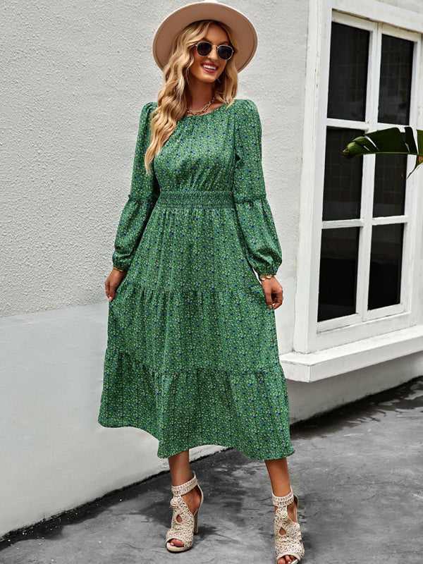 Floral Dresses- Floral Long Sleeve Smocked Waist Long Dress- - IndioGear Fashion and Gear