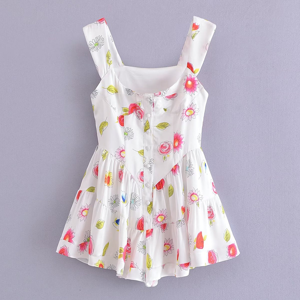 Floral Dresses- Floral Mini Dress with Button Down Closure - Double Layer Romper- - Pekosa Women Clothing