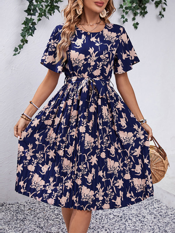 Floral Dresses- Floral Pleated Belt Tie Midi Dress in A-Line with Short Sleeves- Chuzko Women Clothing