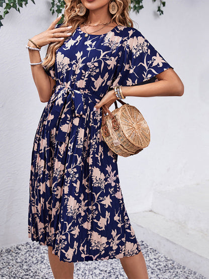 Floral Dresses- Floral Pleated Belt Tie Midi Dress in A-Line with Short Sleeves- Chuzko Women Clothing