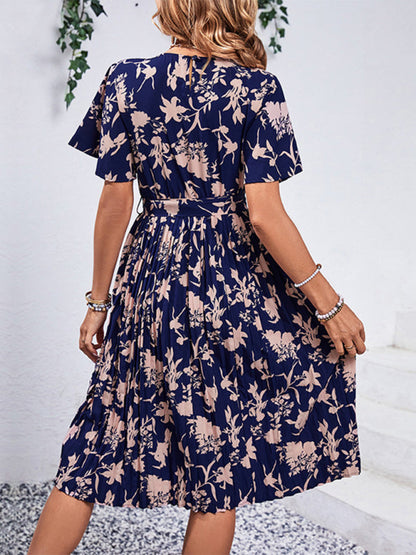 Floral Dresses- Floral Pleated Belt Tie Midi Dress in A-Line with Short Sleeves- Chuzko Women Clothing