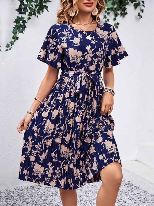 Floral Dresses- Floral Pleated Belt Tie Midi Dress in A-Line with Short Sleeves- Chuzko Women Clothing