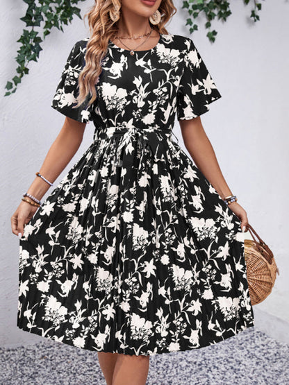 Floral Dresses- Floral Pleated Belt Tie Midi Dress in A-Line with Short Sleeves- Chuzko Women Clothing