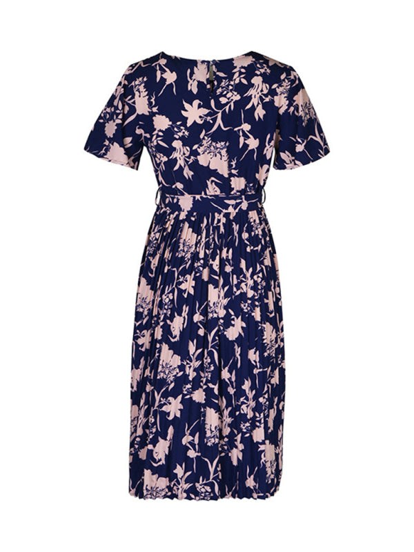 Floral Dresses- Floral Pleated Belt Tie Midi Dress in A-Line with Short Sleeves- Chuzko Women Clothing