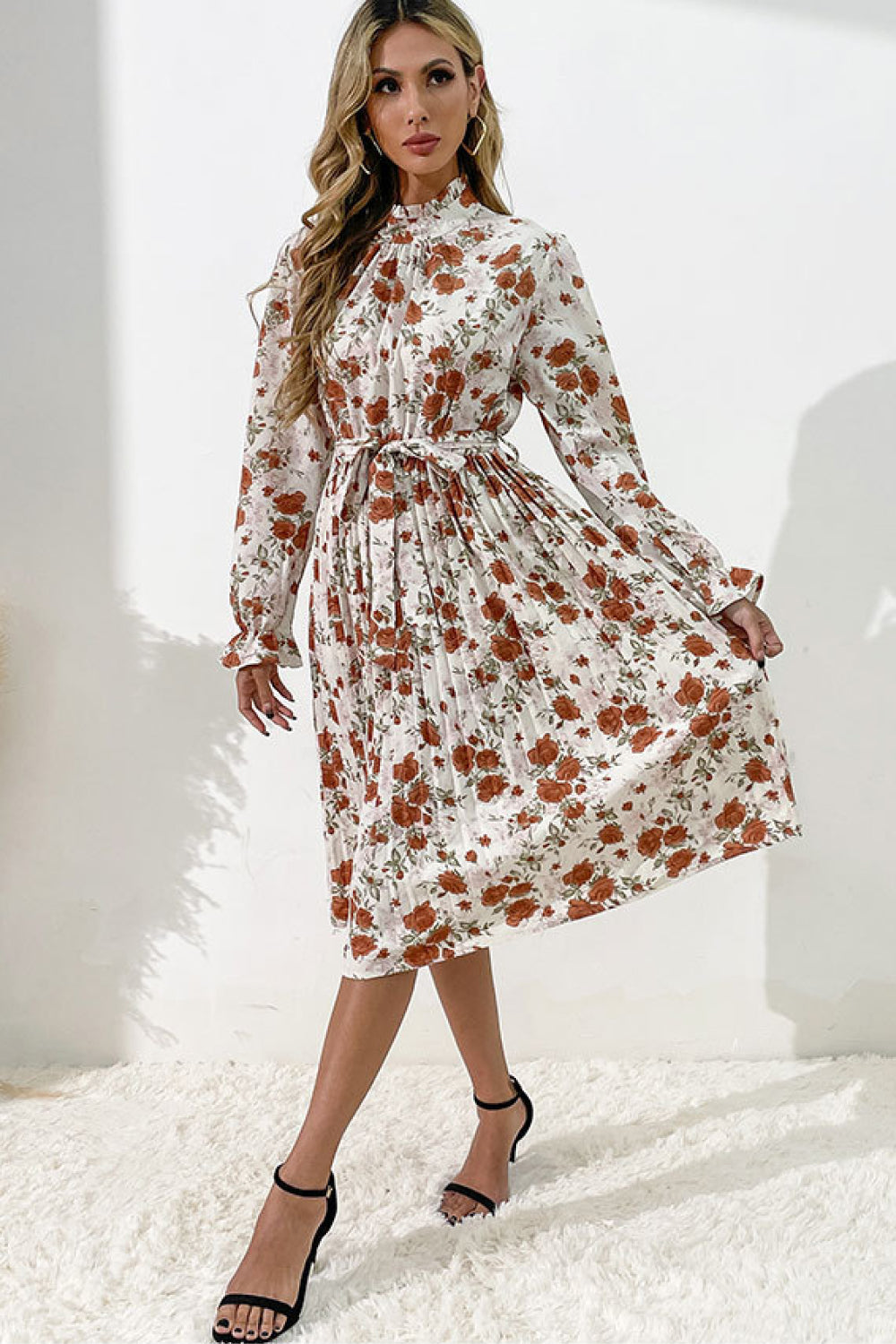 Floral Dresses- Floral Pleated Long Sleeve Belt Tie Dress- - IndioGear Fashion and Gear