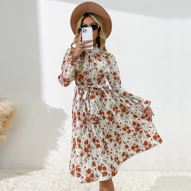 Floral Dresses- Floral Pleated Long Sleeve Belt Tie Dress- khaki- IndioGear Fashion and Gear