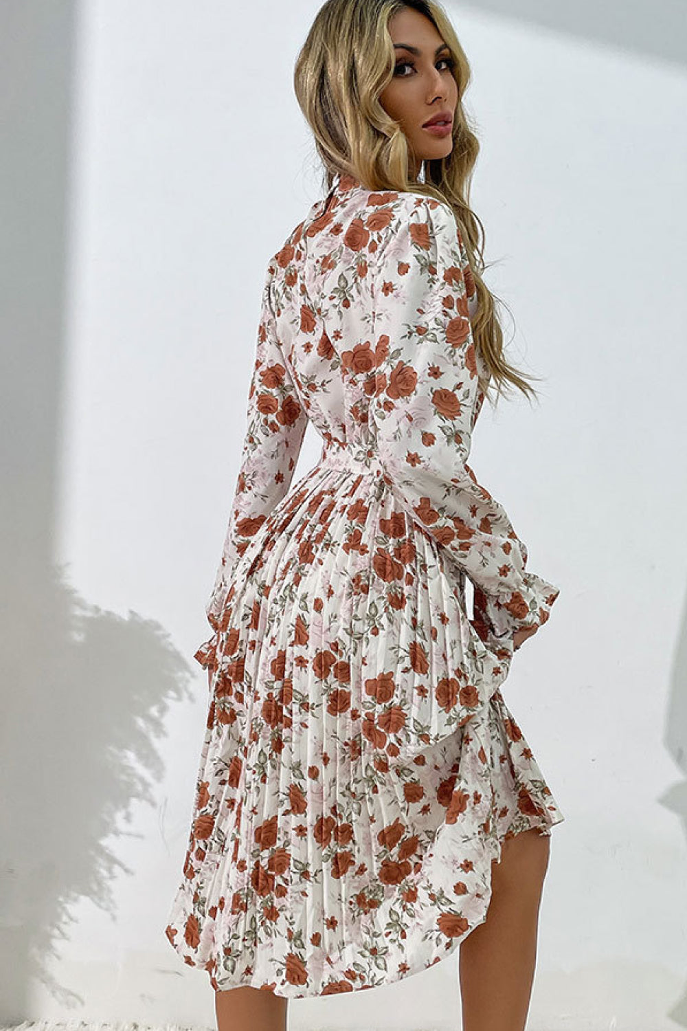 Floral Dresses- Floral Pleated Long Sleeve Belt Tie Dress- - IndioGear Fashion and Gear