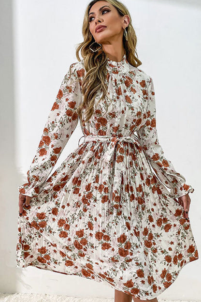 Floral Dresses- Floral Pleated Long Sleeve Belt Tie Dress- - IndioGear Fashion and Gear