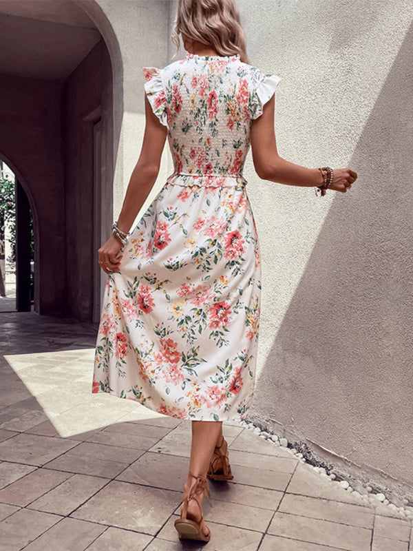 Floral Dresses-Floral Print A-Line Sleeveless Midi Dress with Smocked Bodice and Slit-Pekosa Women Clothing