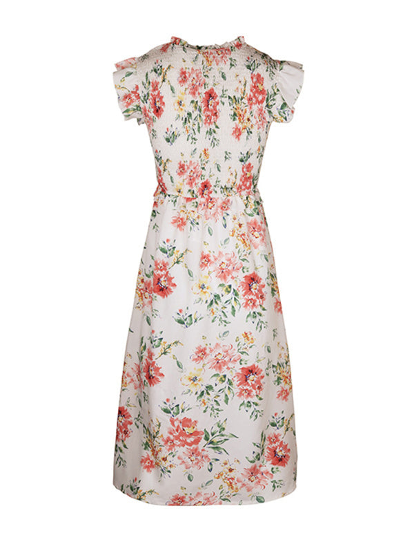 Floral Dresses-Floral Print A-Line Sleeveless Midi Dress with Smocked Bodice and Slit-Pekosa Women Clothing