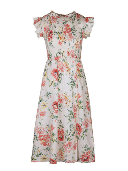 Floral Dresses-Floral Print A-Line Sleeveless Midi Dress with Smocked Bodice and Slit-Pekosa Women Clothing