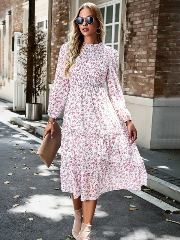 Floral Dresses- Floral Print Long Sleeve A-Line Smocked Dress with Tiered Ruffles- Chuzko Women Clothing