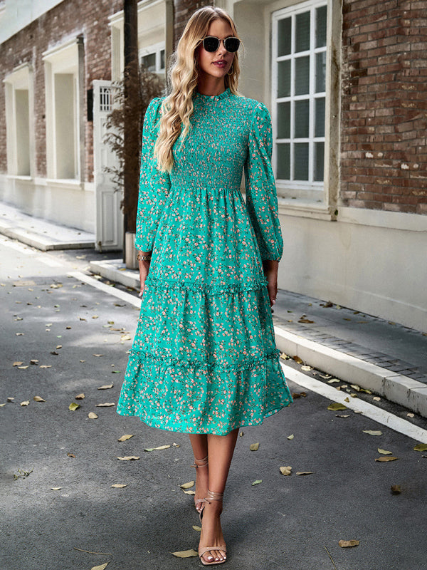 Floral Dresses- Floral Print Long Sleeve A-Line Smocked Dress with Tiered Ruffles- Chuzko Women Clothing