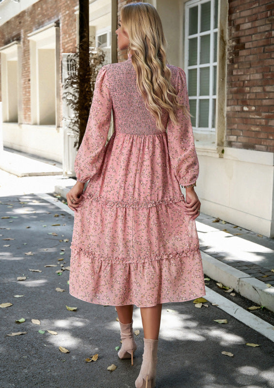 Floral Dresses- Floral Print Long Sleeve A-Line Smocked Dress with Tiered Ruffles- Chuzko Women Clothing