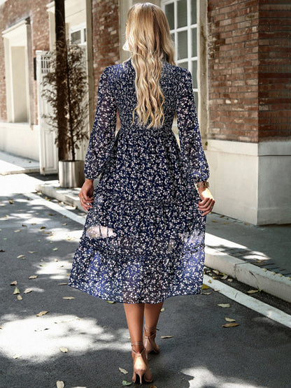 Floral Dresses- Floral Print Long Sleeve A-Line Smocked Dress with Tiered Ruffles- Chuzko Women Clothing