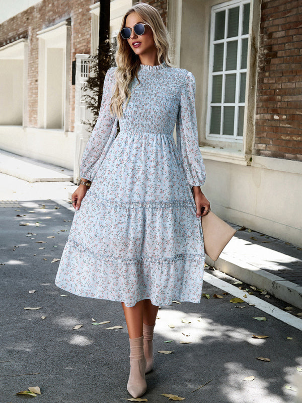 Floral Dresses- Floral Print Long Sleeve A-Line Smocked Dress with Tiered Ruffles- Chuzko Women Clothing