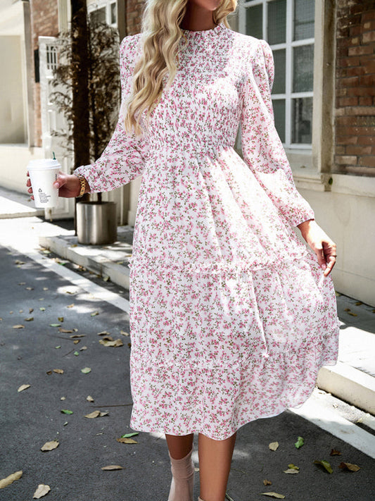 Floral Dresses- Floral Print Long Sleeve A-Line Smocked Dress with Tiered Ruffles- Chuzko Women Clothing