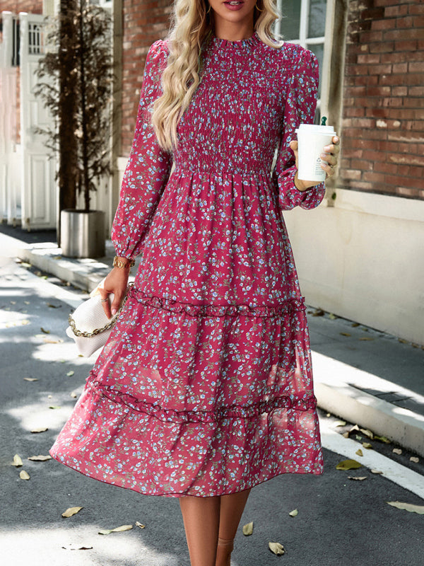 Floral Dresses- Floral Print Long Sleeve A-Line Smocked Dress with Tiered Ruffles- Chuzko Women Clothing